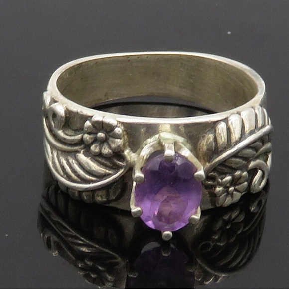 CAROLYN POLLACK 925 Silver  Vintage Amethyst Floral Band Ring Sz 9 - Picture 2 of 9